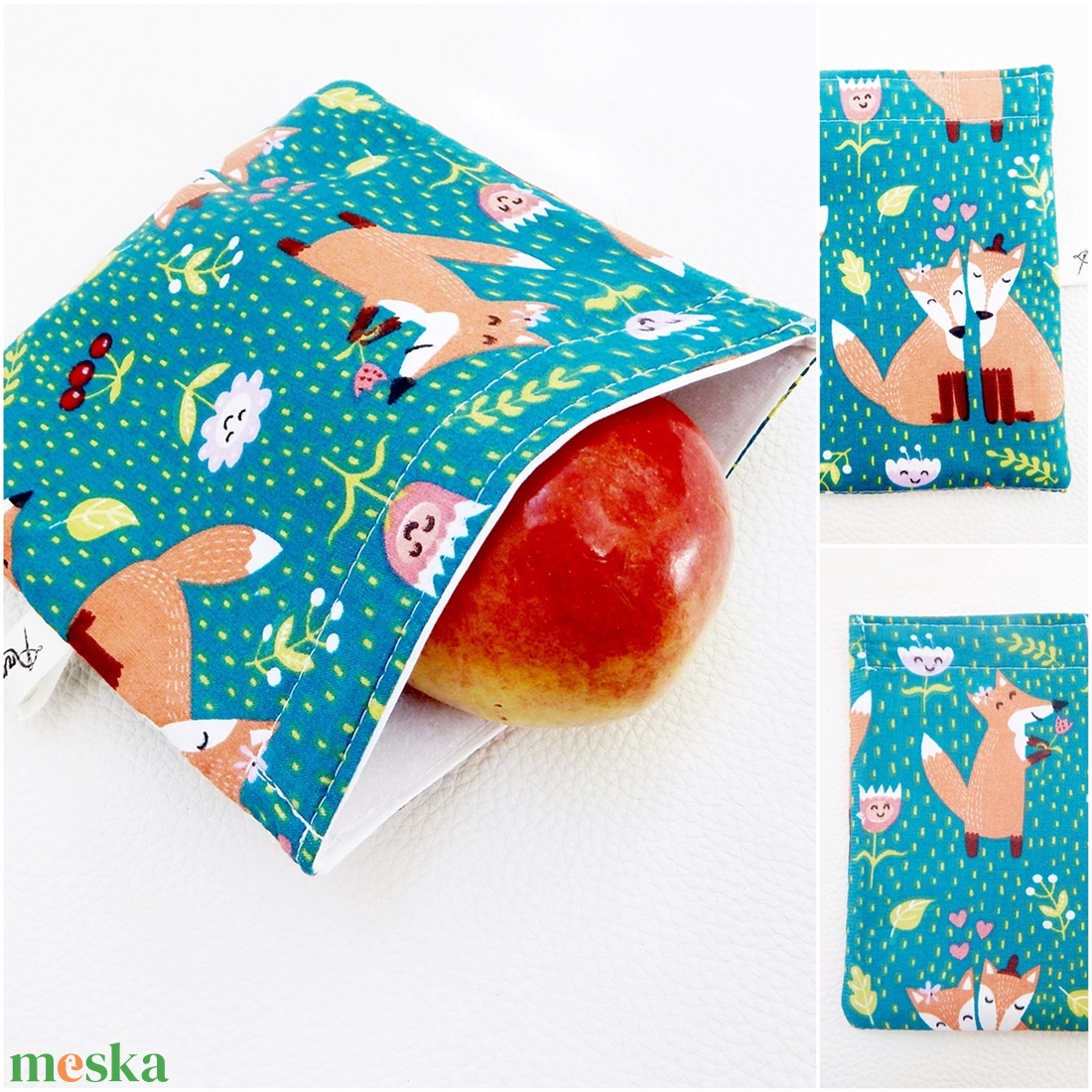 Tépőzáras uzsonnás tasak. türkiz alapon szerelmes rókás snack bag zero waste csomagolás - táska & tok - uzsonna- & ebéd tartó - ebéd tasak, doboz - Meska.hu