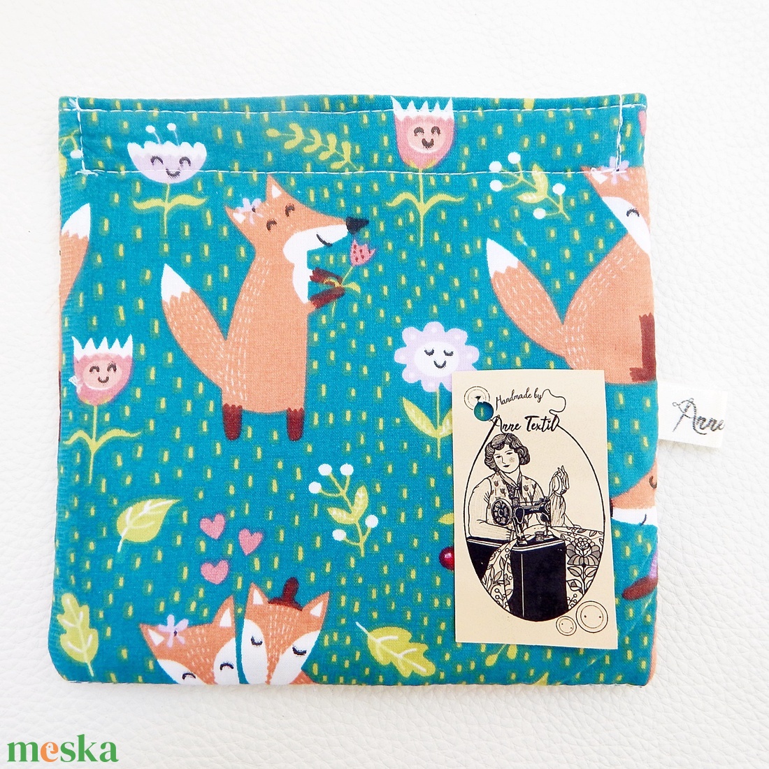 Tépőzáras uzsonnás tasak. türkiz alapon szerelmes rókás snack bag zero waste csomagolás - táska & tok - uzsonna- & ebéd tartó - ebéd tasak, doboz - Meska.hu