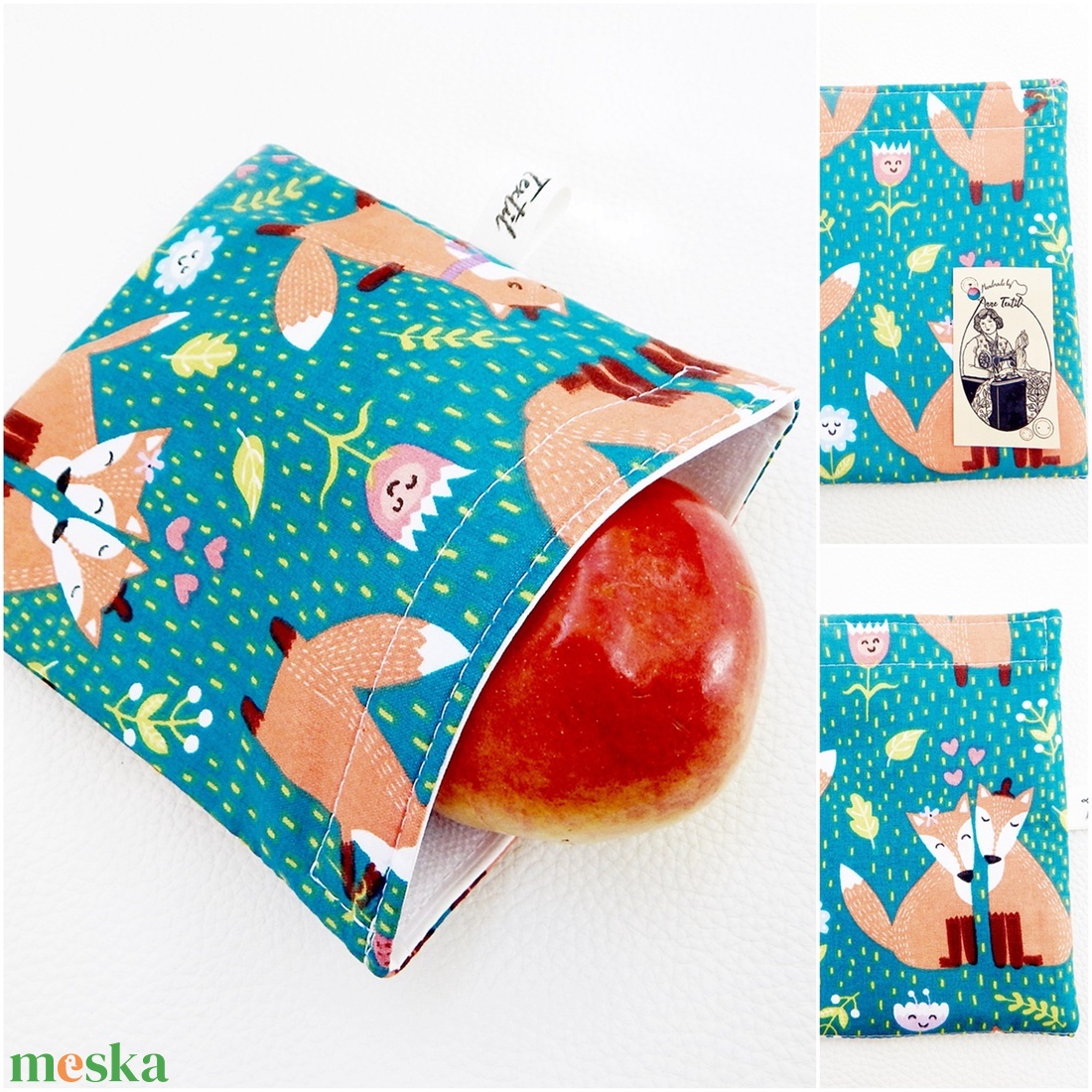 Tépőzáras uzsonnás tasak. türkiz alapon szerelmes rókás snack bag zero waste csomagolás - táska & tok - uzsonna- & ebéd tartó - ebéd tasak, doboz - Meska.hu