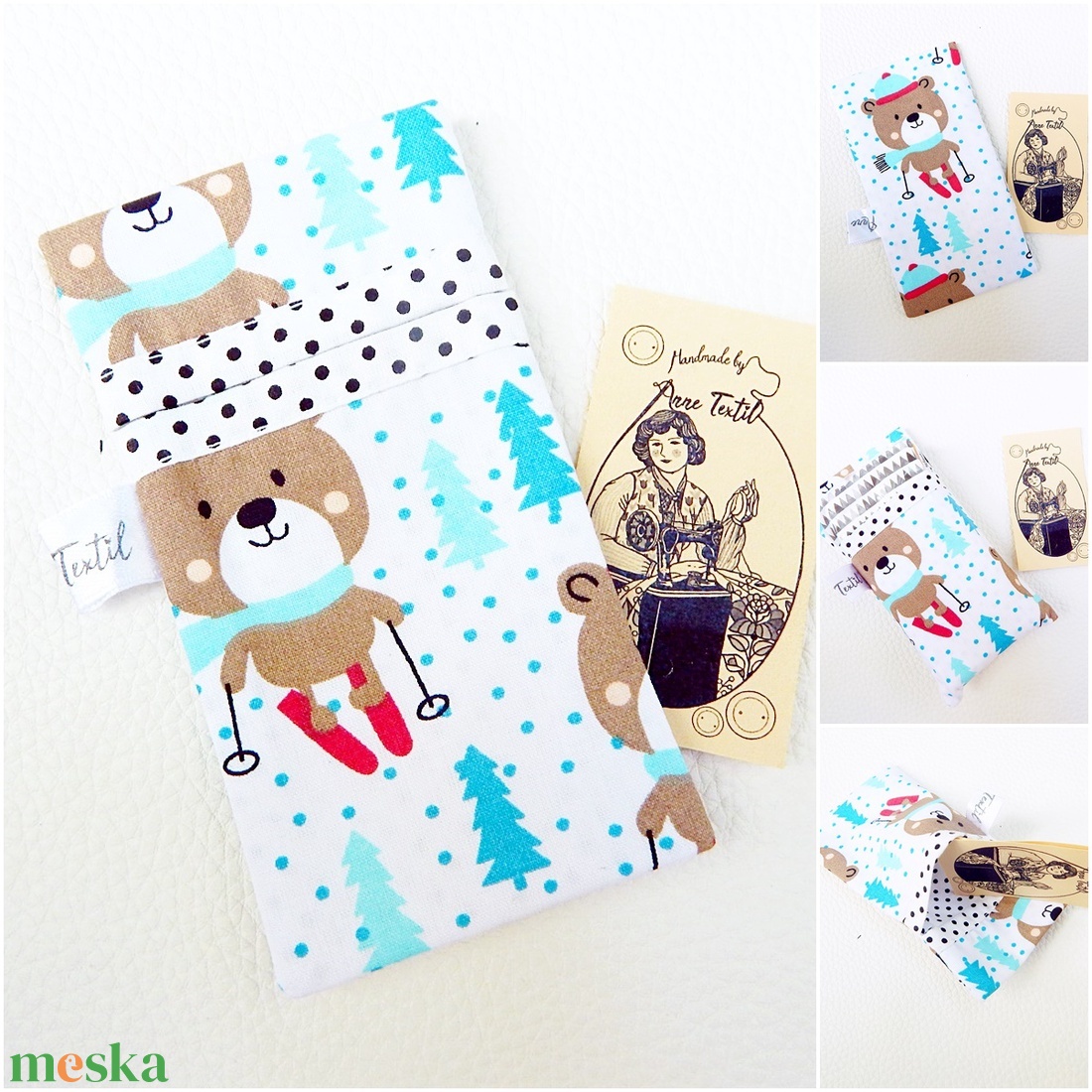 Téli, síelő macik mintás pamut textil bélelt álló papírzsebkendőtartó annetextil - táska & tok - pénztárca & más tok - zsebkendőtartó tok - Meska.hu