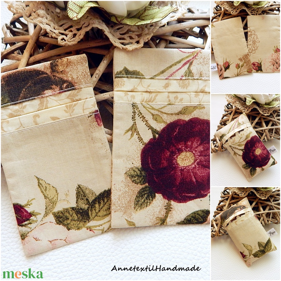 Rózsa mintás, vintage pamut textil bélelt papírzsebkendőtartó szettben annetextil - táska & tok - pénztárca & más tok - zsebkendőtartó tok - Meska.hu