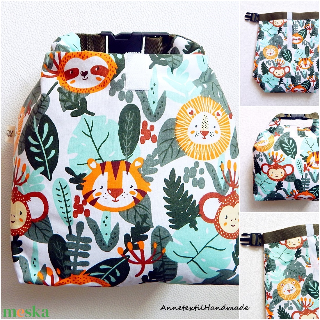 Uzsonnás táska dzsungel mintás, csatos, vízhatlan béléssel - Tuck-Bag - táska & tok - uzsonna- & ebéd tartó - ebéd tasak, doboz - Meska.hu
