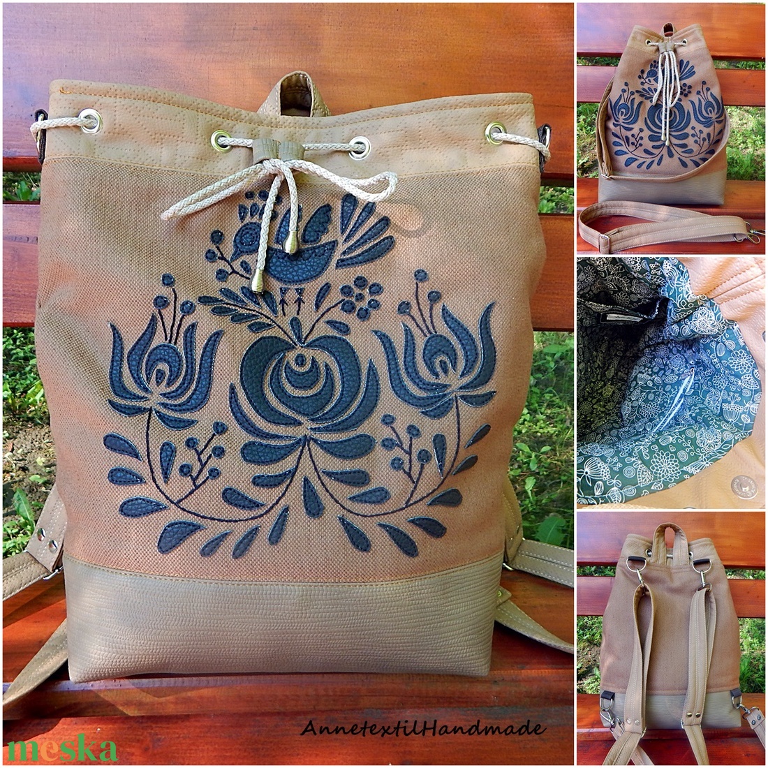 Matyó madaras többfunkciós hátizsák/oldaltáska, barna  - táska & tok - variálható táska - Meska.hu