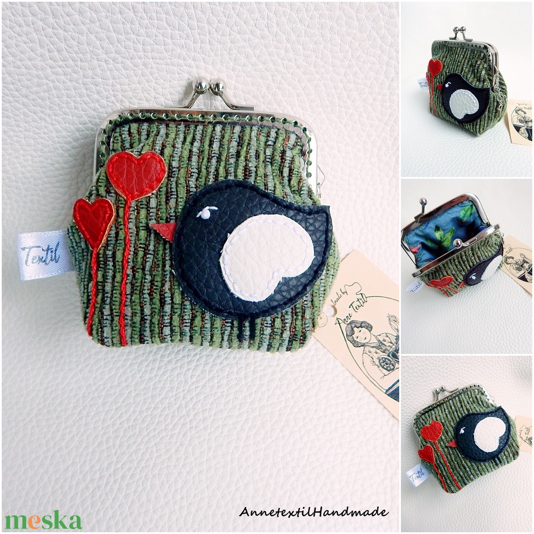 Valentin madárka - keretes pénztárca, csatos tárca - táska & tok - pénztárca & más tok - aprópénztartó - Meska.hu