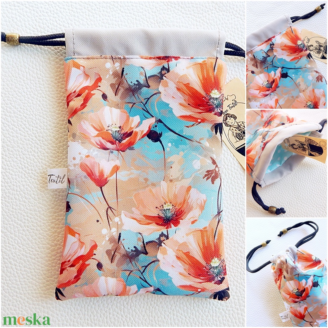 Ajándék zsák, pipacsos mintás, bélelt, prémium textil - otthon & életmód - papír, írószer - ajándékozás kellékei - ajándékzsák, csomagolás - Meska.hu
