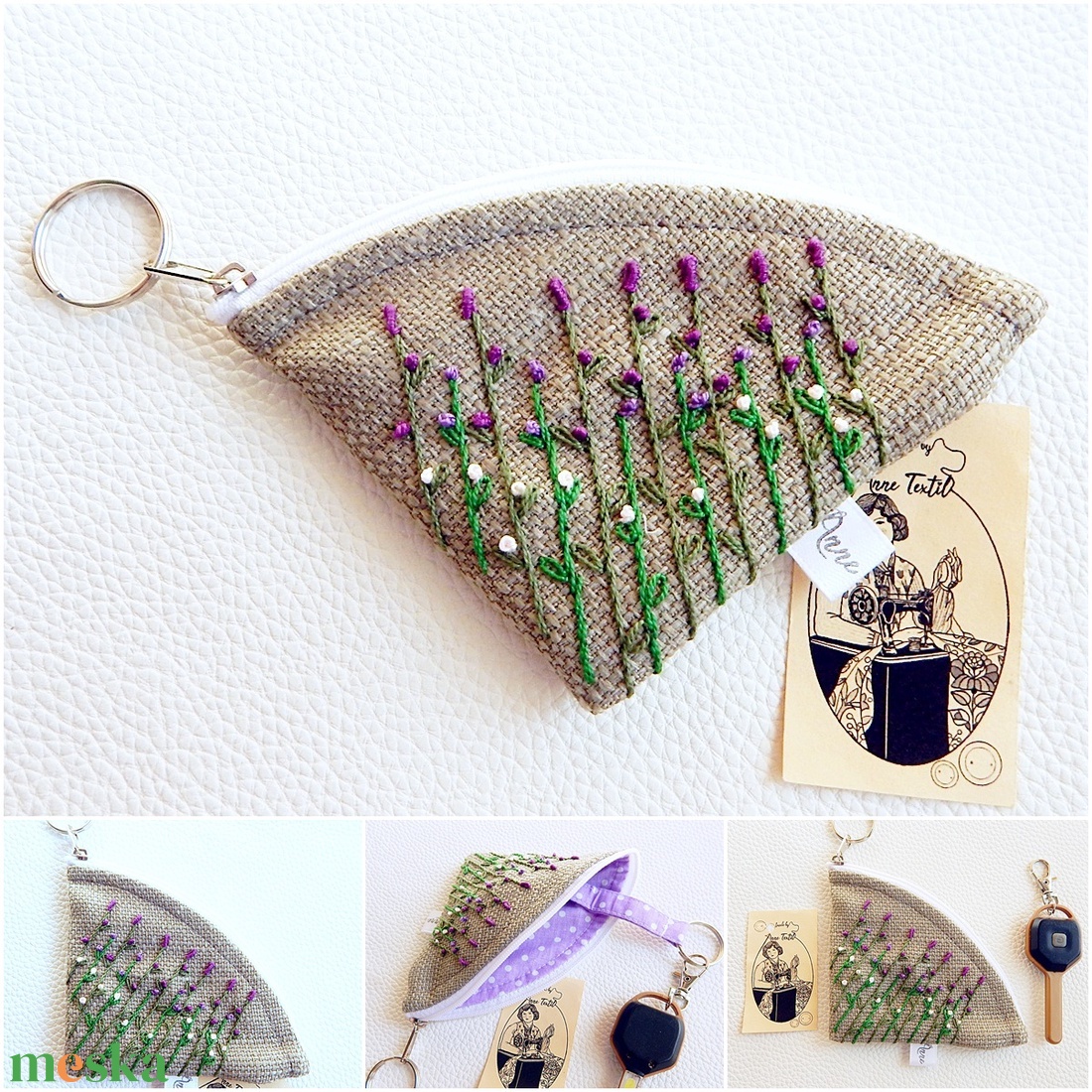 Levendula mintás, kézzel hímzett körcikk kulcstartó  - táska & tok - kulcstartó & táskadísz - kulcstartó - Meska.hu