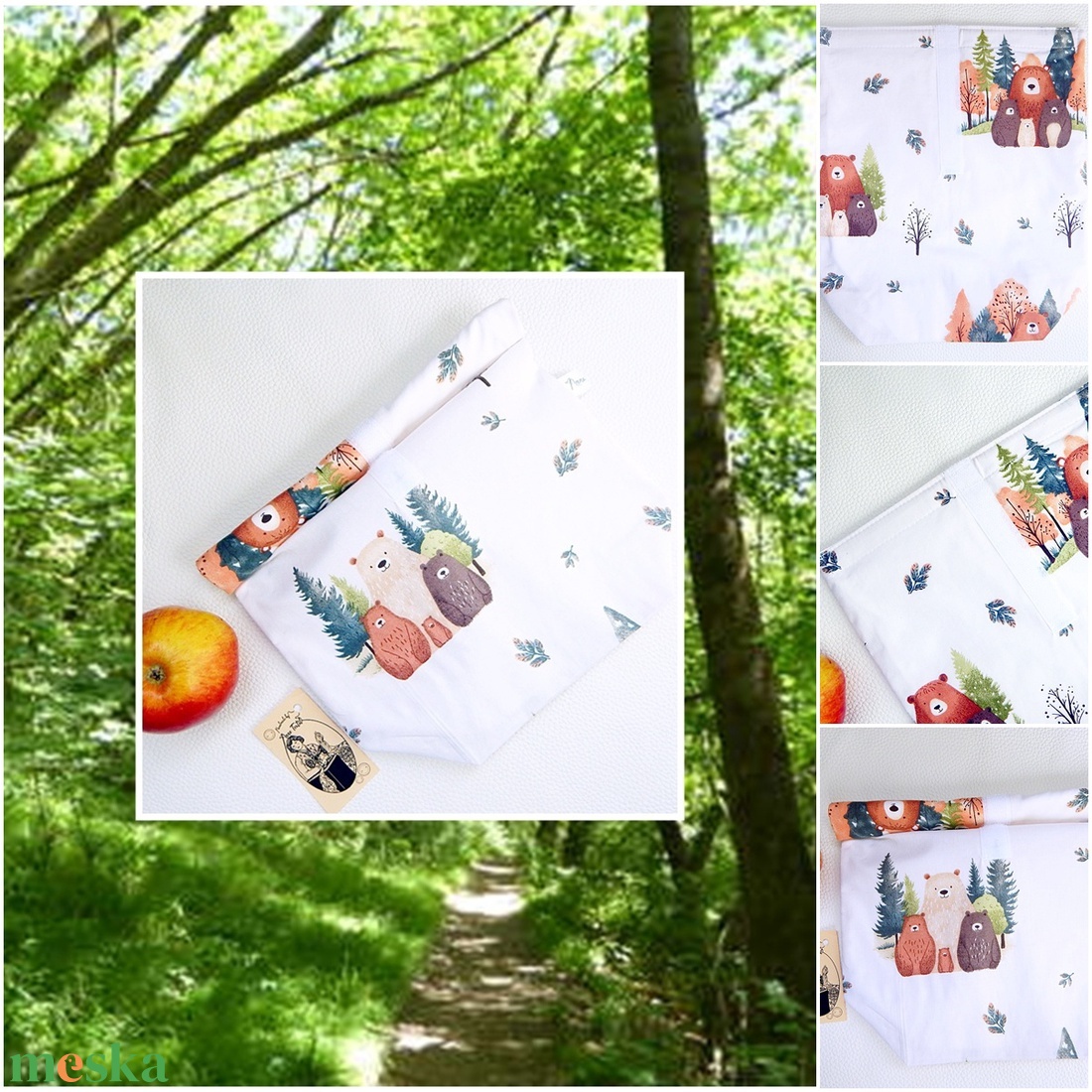 Uzsonnás zsák maci család mintával roll-up lunch bag zerowaste csomagolás - táska & tok - uzsonna- & ebéd tartó - ebéd tasak, doboz - Meska.hu