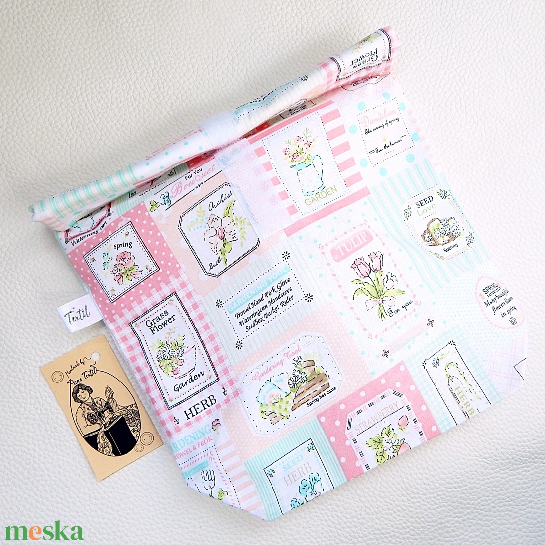 Uzsonnás zsák - Tépőzáras rolltop feltekerhető lunch bag uzsonnás zsák - Mosható szabályozható tízórai tartó gyógynövény - táska & tok - uzsonna- & ebéd tartó - ebéd tasak, doboz - Meska.hu