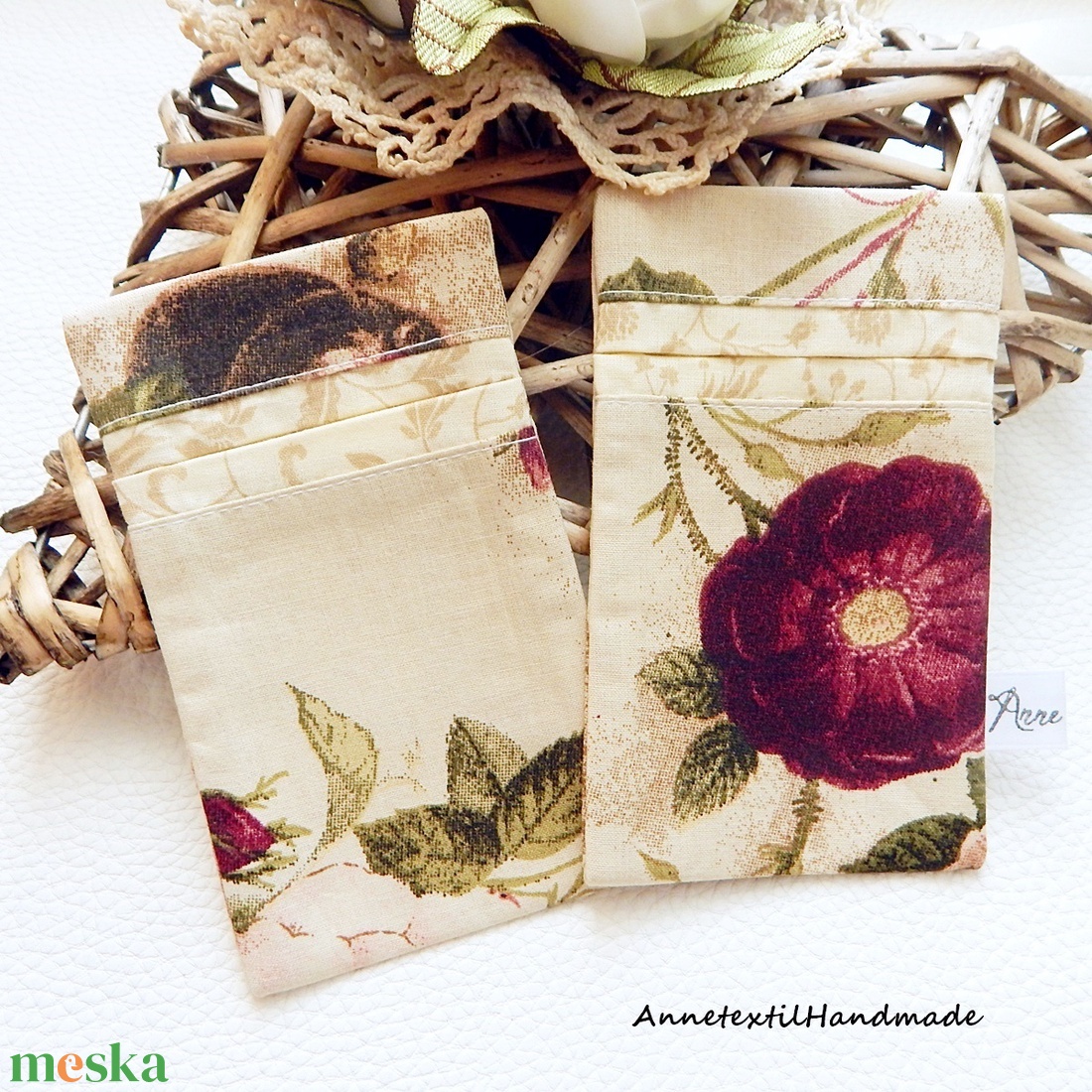 Rózsa mintás, vintage pamut textil bélelt papírzsebkendőtartó szettben annetextil - táska & tok - pénztárca & más tok - zsebkendőtartó tok - Meska.hu