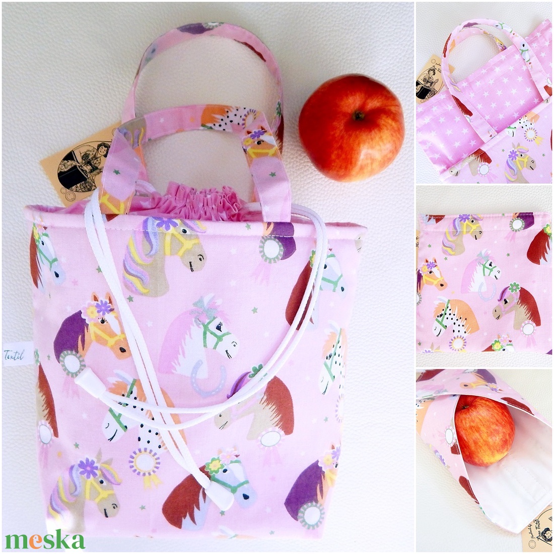 Uzsonnás táska szett lovacskák mintás, Kids zero waste csomagolás - táska & tok - uzsonna- & ebéd tartó - ebéd tasak, doboz - Meska.hu