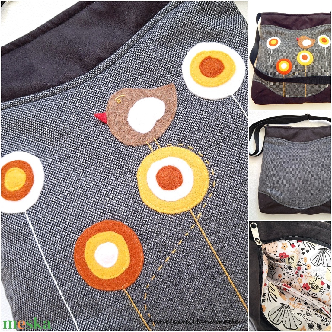 Gömbvirágos, madaras midi cross bag  - táska & tok - kézitáska & válltáska - vállon átvethető táska - Meska.hu