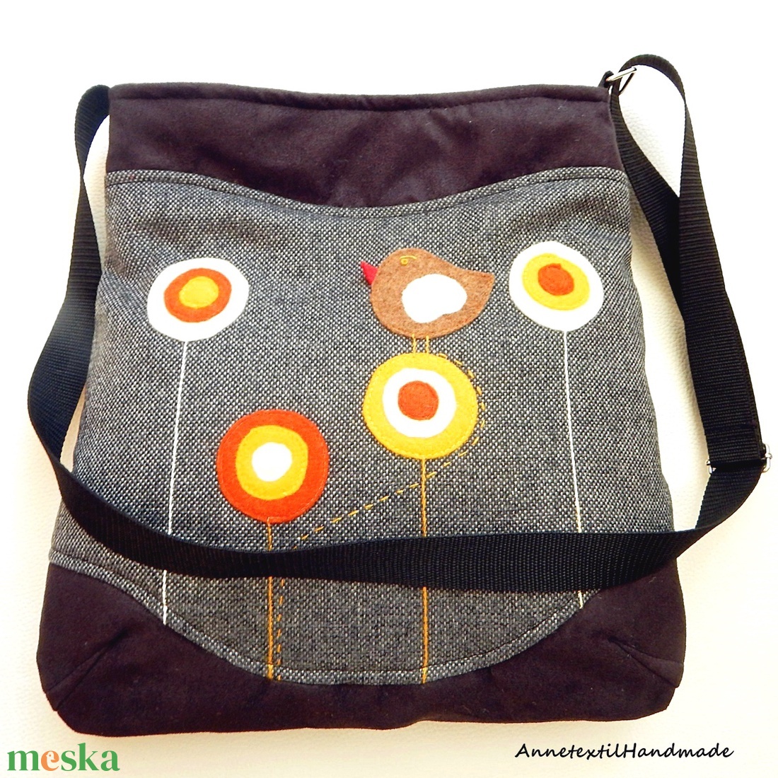 Gömbvirágos, madaras midi cross bag  - táska & tok - kézitáska & válltáska - vállon átvethető táska - Meska.hu