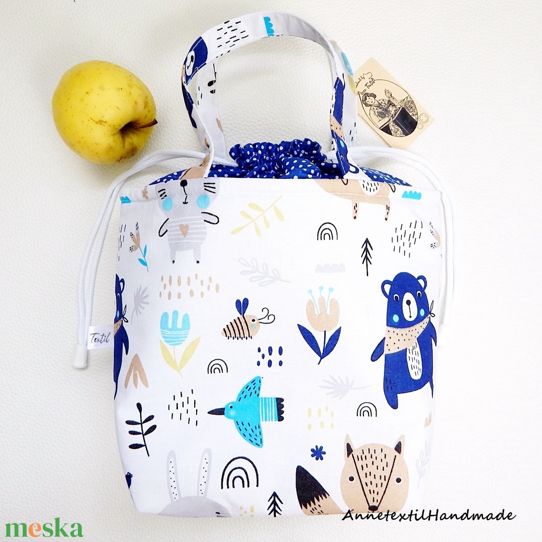 Uzsonnás táska erdei állatokkal sötétkék macival Kids zero waste csomagolás - táska & tok - uzsonna- & ebéd tartó - szendvics csomagoló - Meska.hu