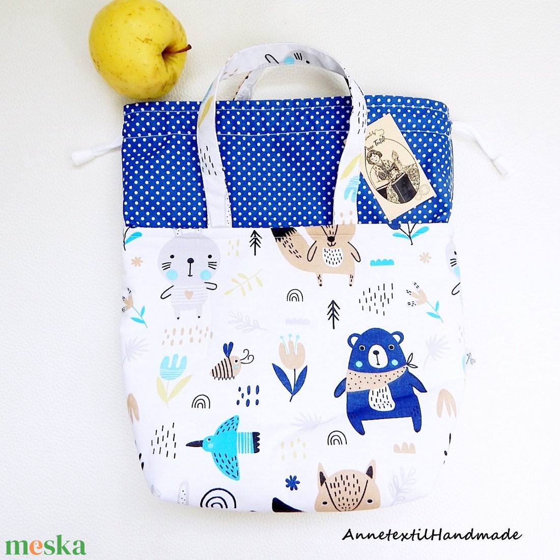 Uzsonnás táska erdei állatokkal sötétkék macival Kids zero waste csomagolás - táska & tok - uzsonna- & ebéd tartó - szendvics csomagoló - Meska.hu