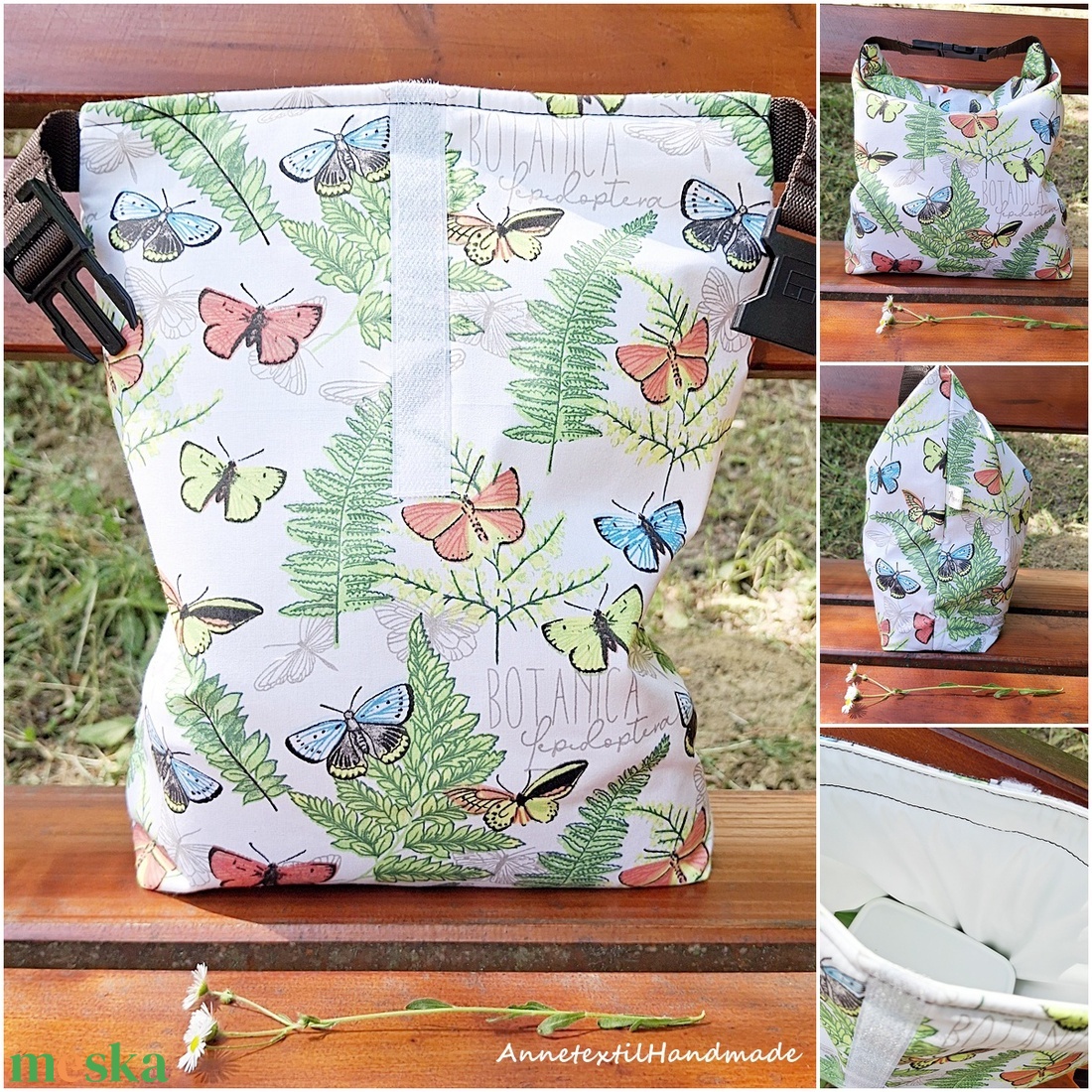 Ebédtáska Rolltop lunch bag botanikus pillangós páfrányos - táska & tok - uzsonna- & ebéd tartó - ebéd tasak, doboz - Meska.hu