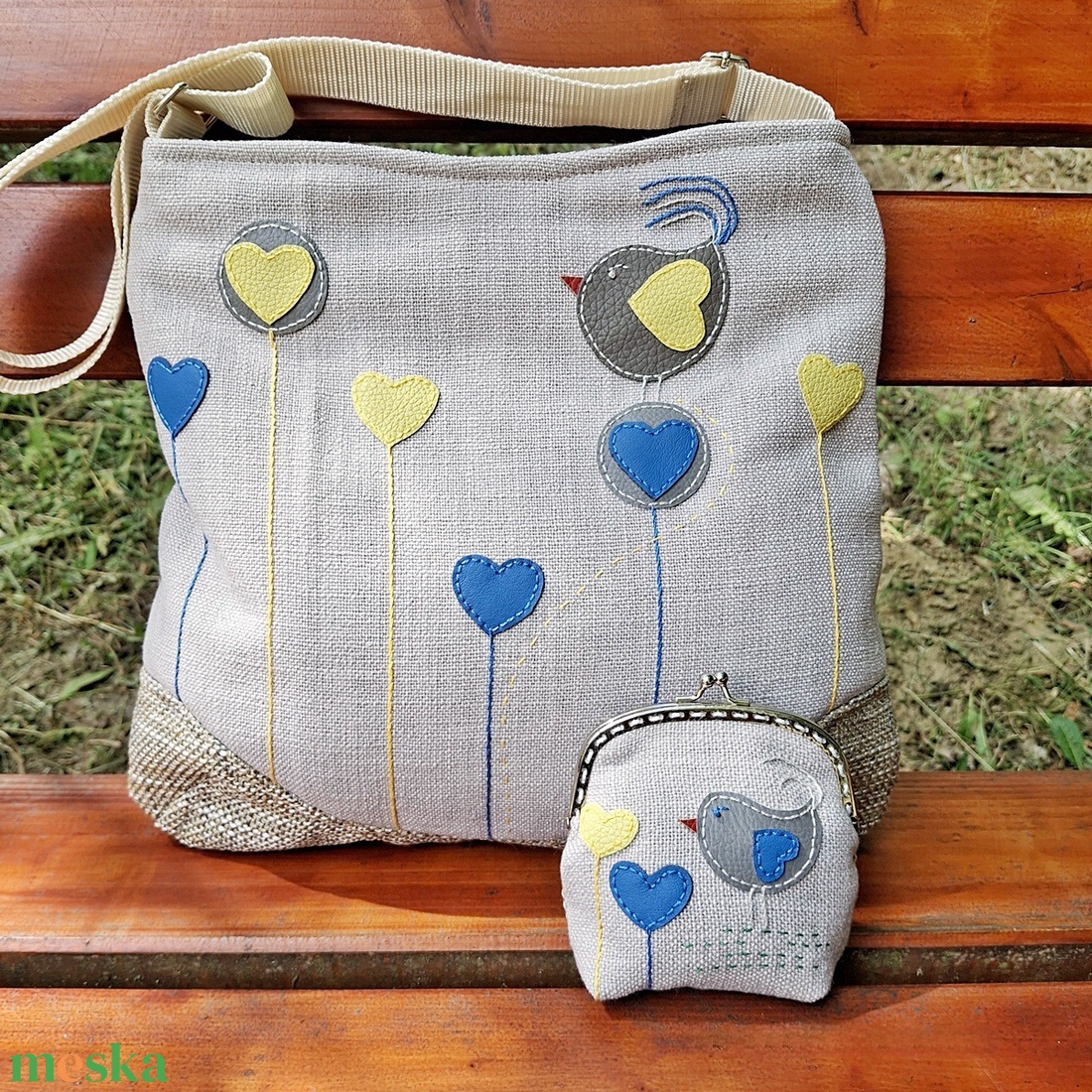 2in1 válltáska crossbody táska tarisznya és csatos pénztárca szettben Valentin madaras szíves  - táska & tok - táska szett - Meska.hu