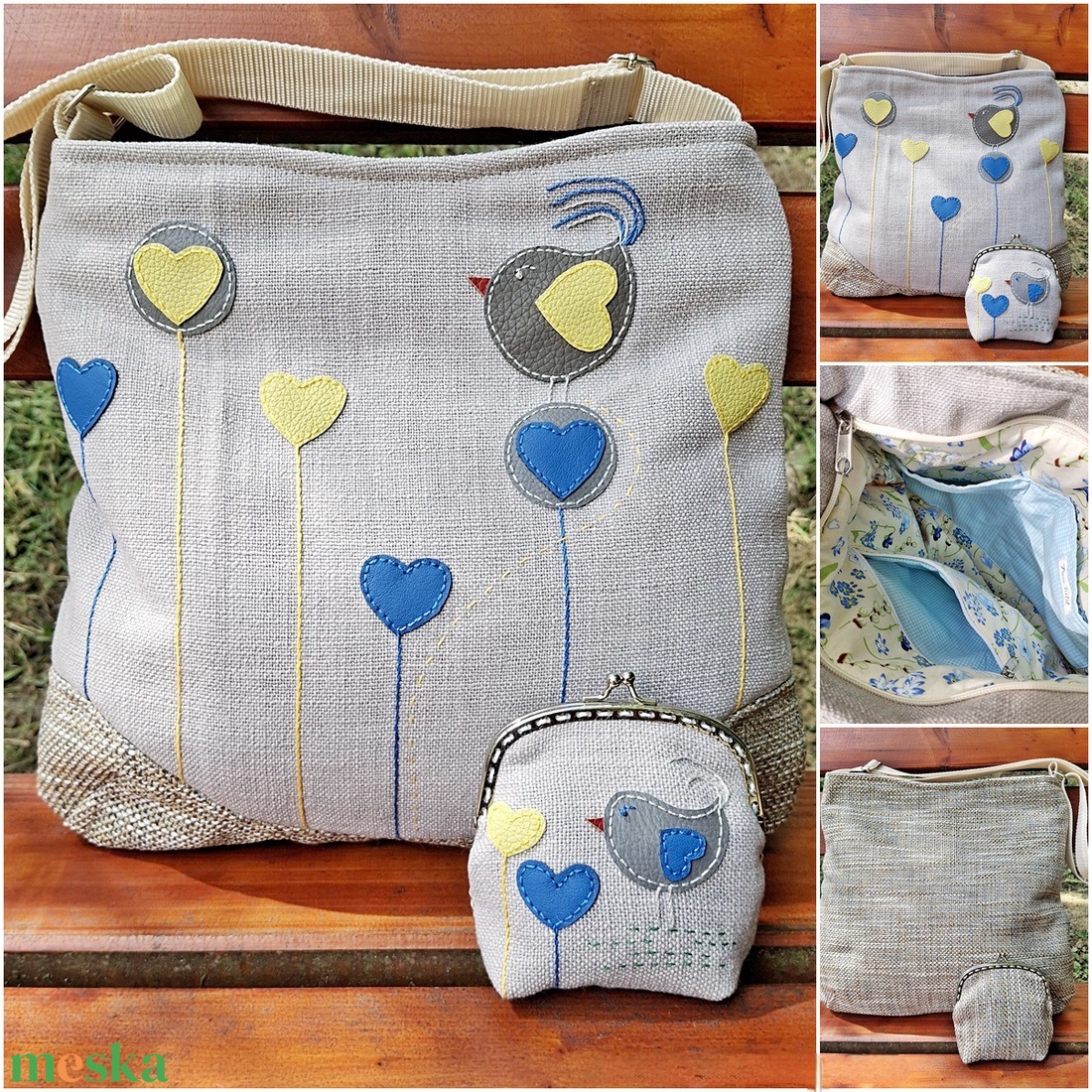 2in1 válltáska crossbody táska tarisznya és csatos pénztárca szettben Valentin madaras szíves  - táska & tok - táska szett - Meska.hu