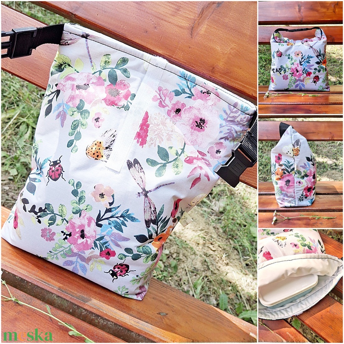 Ebédtáska Roll top lunch bag bogarak és rózsák  - táska & tok - uzsonna- & ebéd tartó - ebéd tasak, doboz - Meska.hu