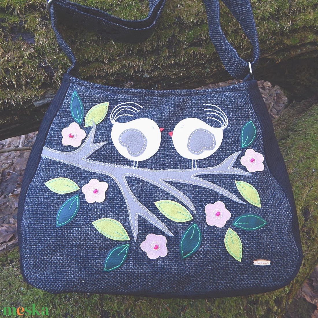Nagy pakolós női válltáska, hímzett szerelmes madárkák, crossbody szövet és textilbőr táska (BigBag) - táska & tok - kézitáska & válltáska - nagy pakolós táska - Meska.hu
