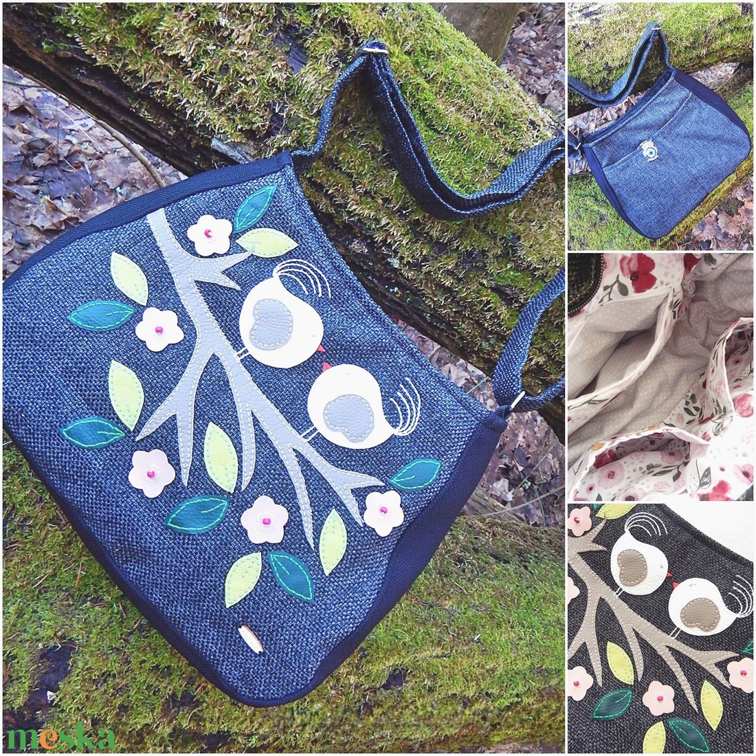 Nagy pakolós női válltáska, hímzett szerelmes madárkák, crossbody szövet és textilbőr táska (BigBag) - táska & tok - kézitáska & válltáska - nagy pakolós táska - Meska.hu