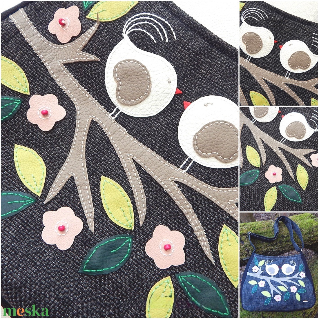 Nagy pakolós női válltáska, hímzett szerelmes madárkák, crossbody szövet és textilbőr táska (BigBag) - táska & tok - kézitáska & válltáska - nagy pakolós táska - Meska.hu
