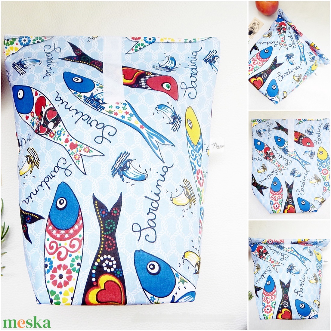 Uzsonnás zsák - Tépőzáras rolltop feltekerhető lunch bag uzsonnás zsák - Mosható szabályozható tízórai tartó Szardínia - táska & tok - uzsonna- & ebéd tartó - ebéd tasak, doboz - Meska.hu
