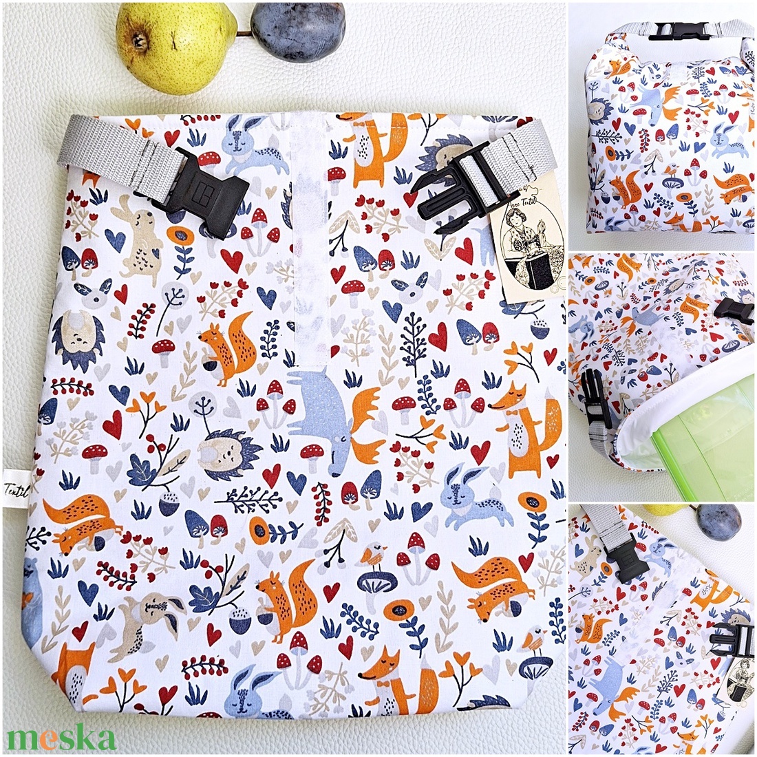 Ebédtáska és uzsonnás kistáska - Csatos rolltop lunch bag - Tépőzáras szabályozható ételhordó erdei rókás gombás - táska & tok - uzsonna- & ebéd tartó - ebéd tasak, doboz - Meska.hu