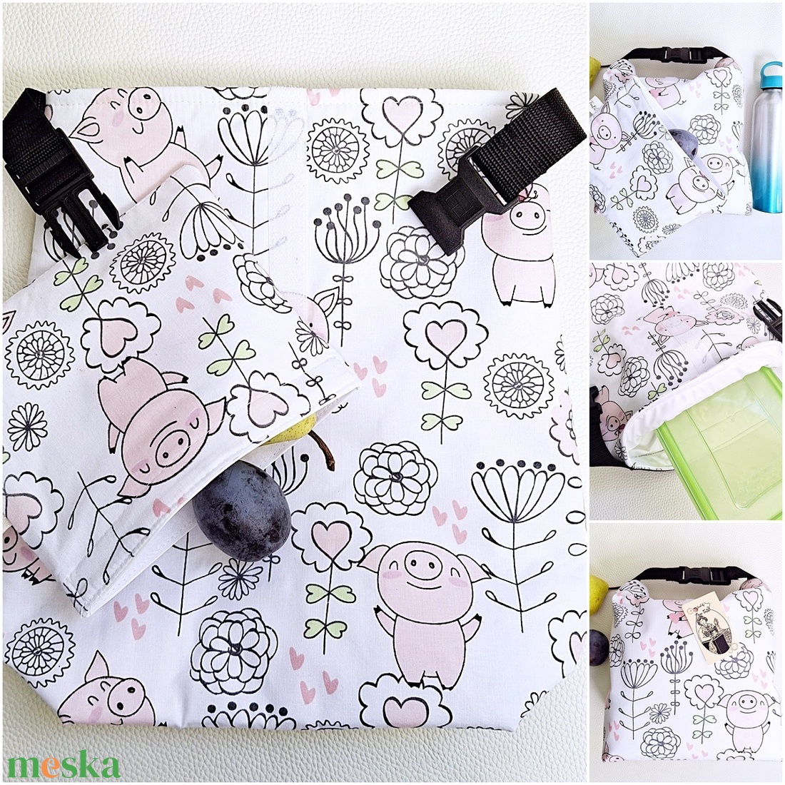 Ebédtáska és uzsonnás kistáska - Csatos rolltop lunch bag - Tépőzáras szabályozható ételhordó vidám malacka - táska & tok - uzsonna- & ebéd tartó - ebéd tasak, doboz - Meska.hu