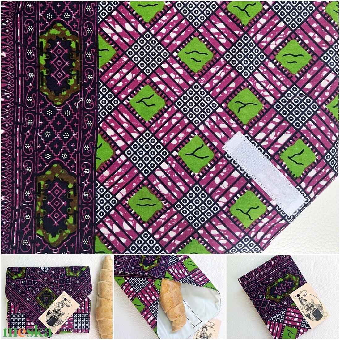Újraszalvéta afrikai vaxolt  prémium pamutvászon, vízhatlan csomagoló lila patchwork mintás - táska & tok - uzsonna- & ebéd tartó - szendvics csomagoló - Meska.hu