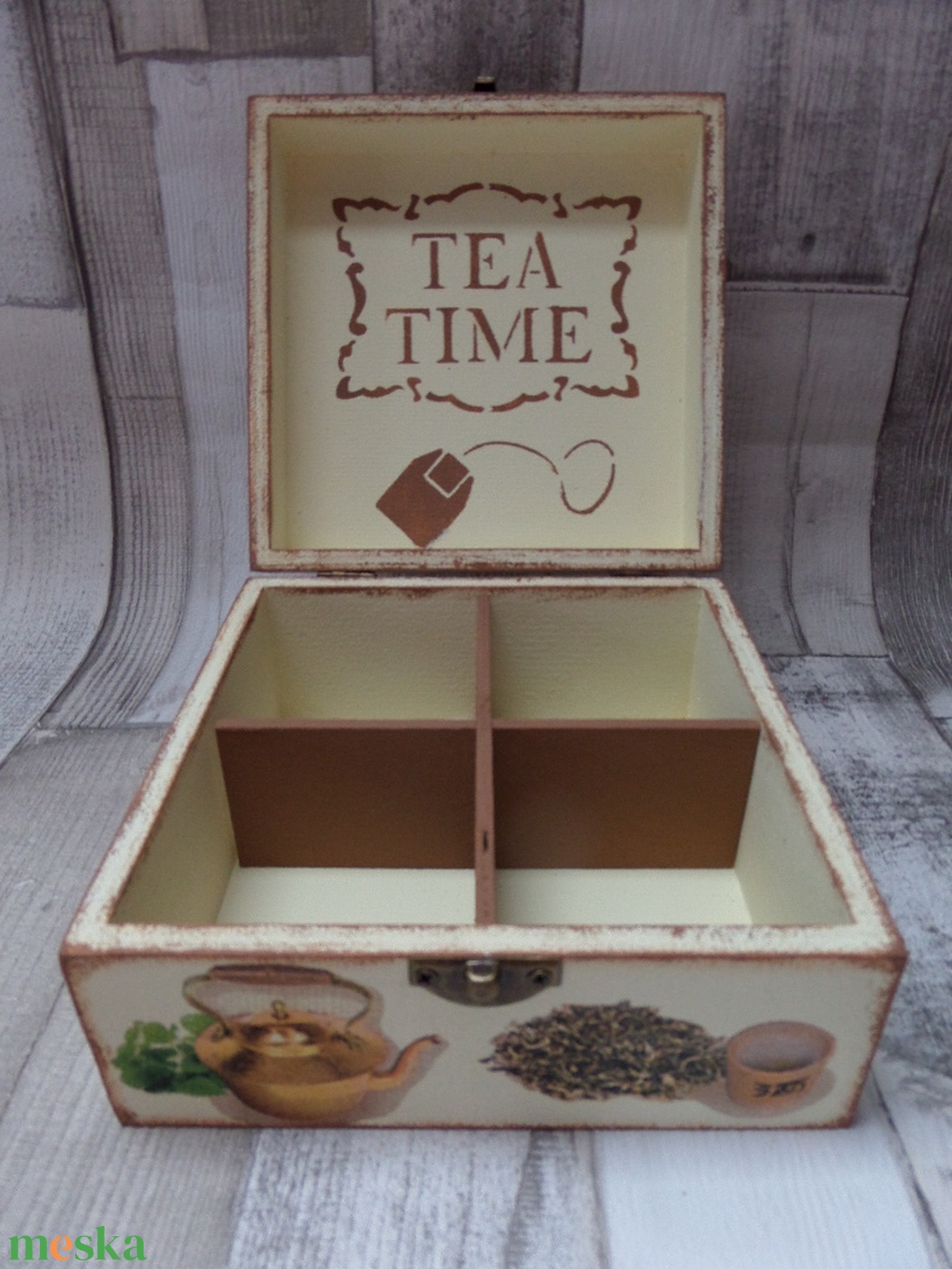 Teafiltertartó,teásdoboz 4 rekeszes Tea Time teás mintával - otthon & lakás - konyhafelszerelés, tálalás - konyhai tárolás - tea & kávé tárolás - Meska.hu