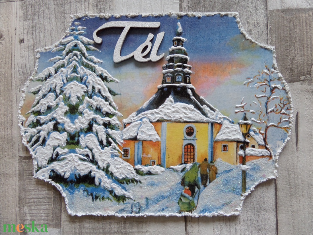 Téli templomos fenyőfás  ajtódísz,üdvözlőtábla,kopogtató - otthon & életmód - dekoráció - kép & falikép - táblakép - Meska.hu