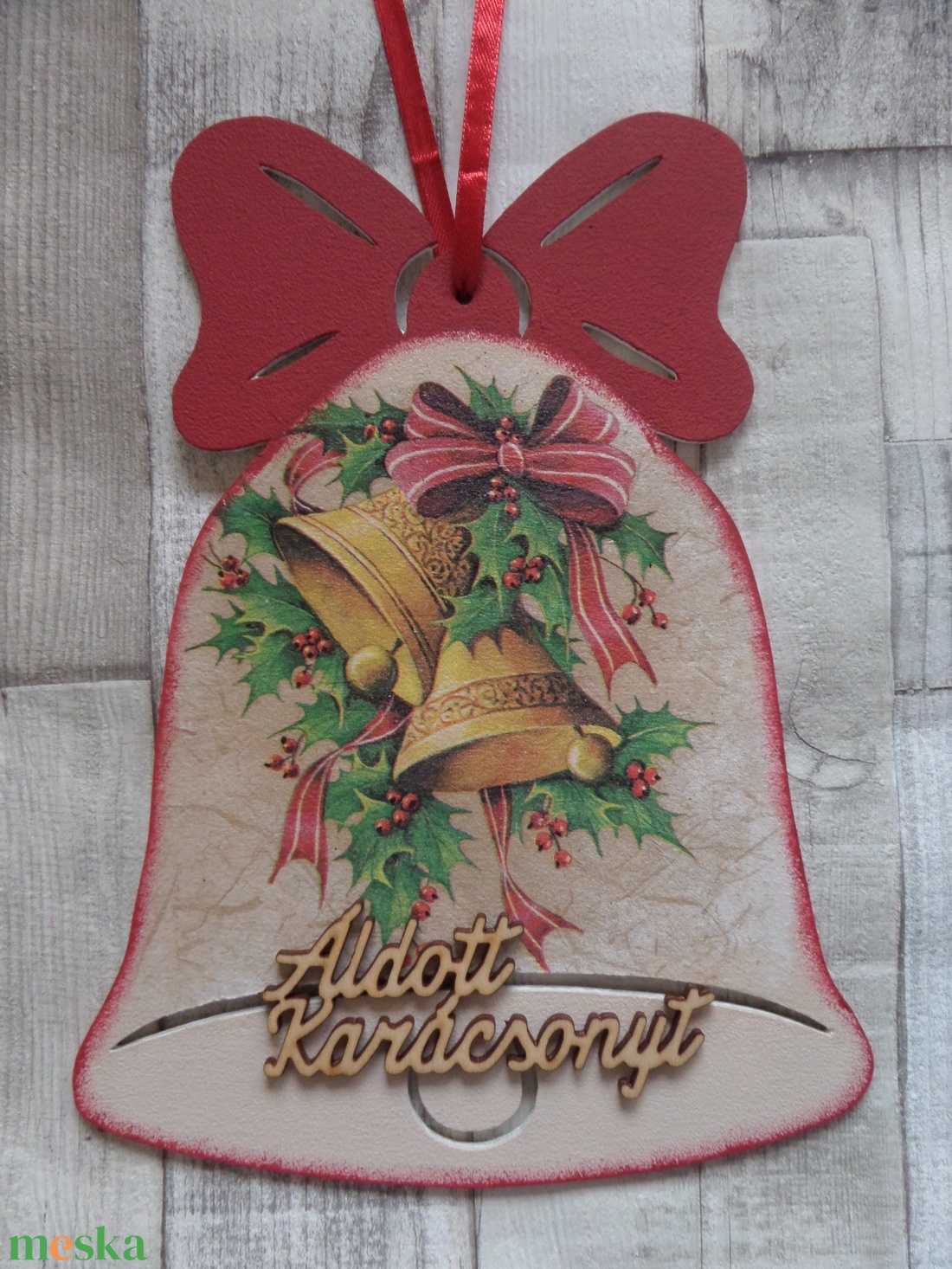 Karácsonyi mintás masnis harang alakú ajtódísz,üdvözlőtábla - karácsony - adventi díszek - adventi ajtódísz - Meska.hu