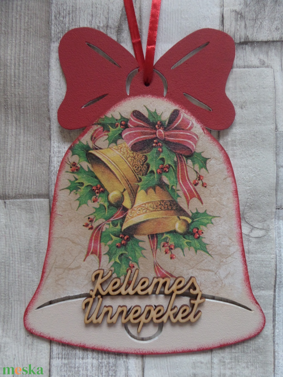 Karácsonyi mintás masnis harang alakú ajtódísz,üdvözlőtábla - karácsony - adventi díszek - adventi ajtódísz - Meska.hu