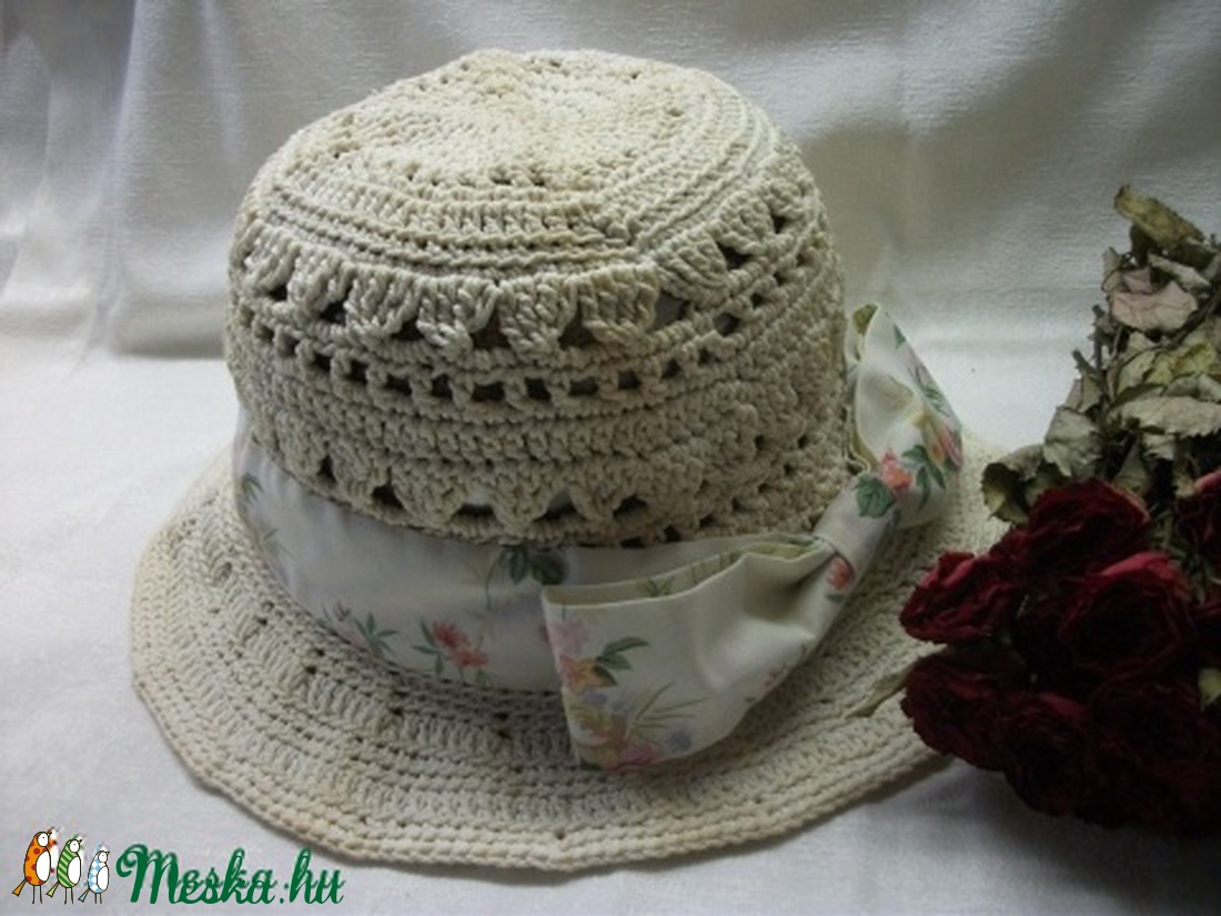 Vintage, horgolt, natur,  nyers színű, nyári kalap -  - Meska.hu