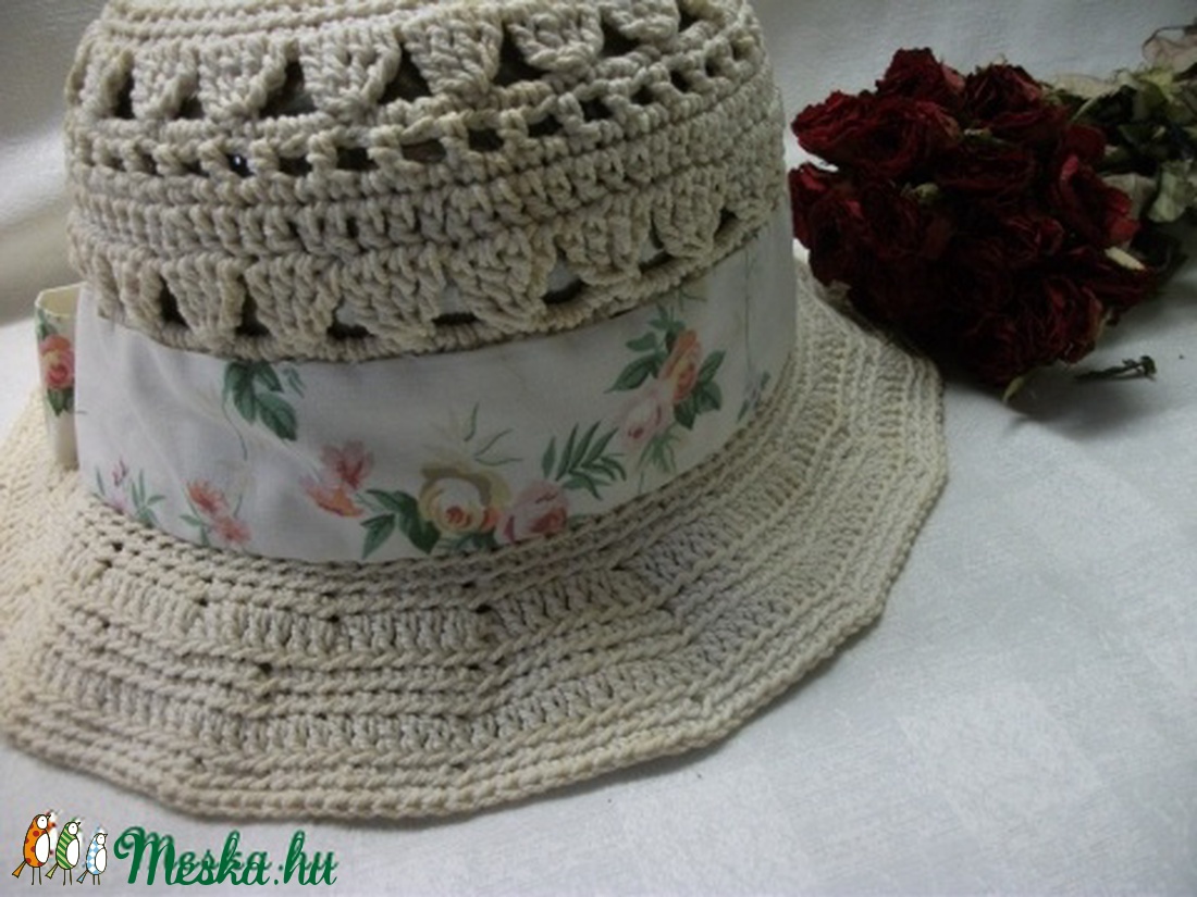 Vintage, horgolt, natur,  nyers színű, nyári kalap -  - Meska.hu