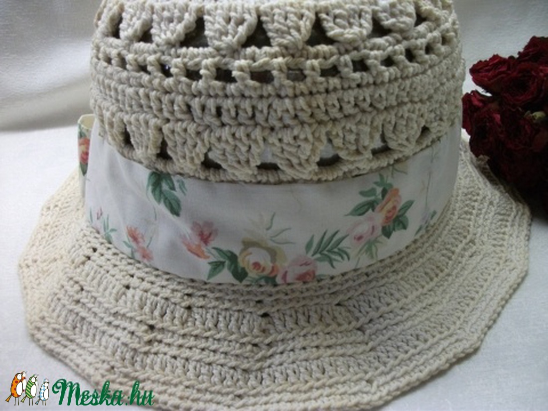 Vintage, horgolt, natur,  nyers színű, nyári kalap -  - Meska.hu