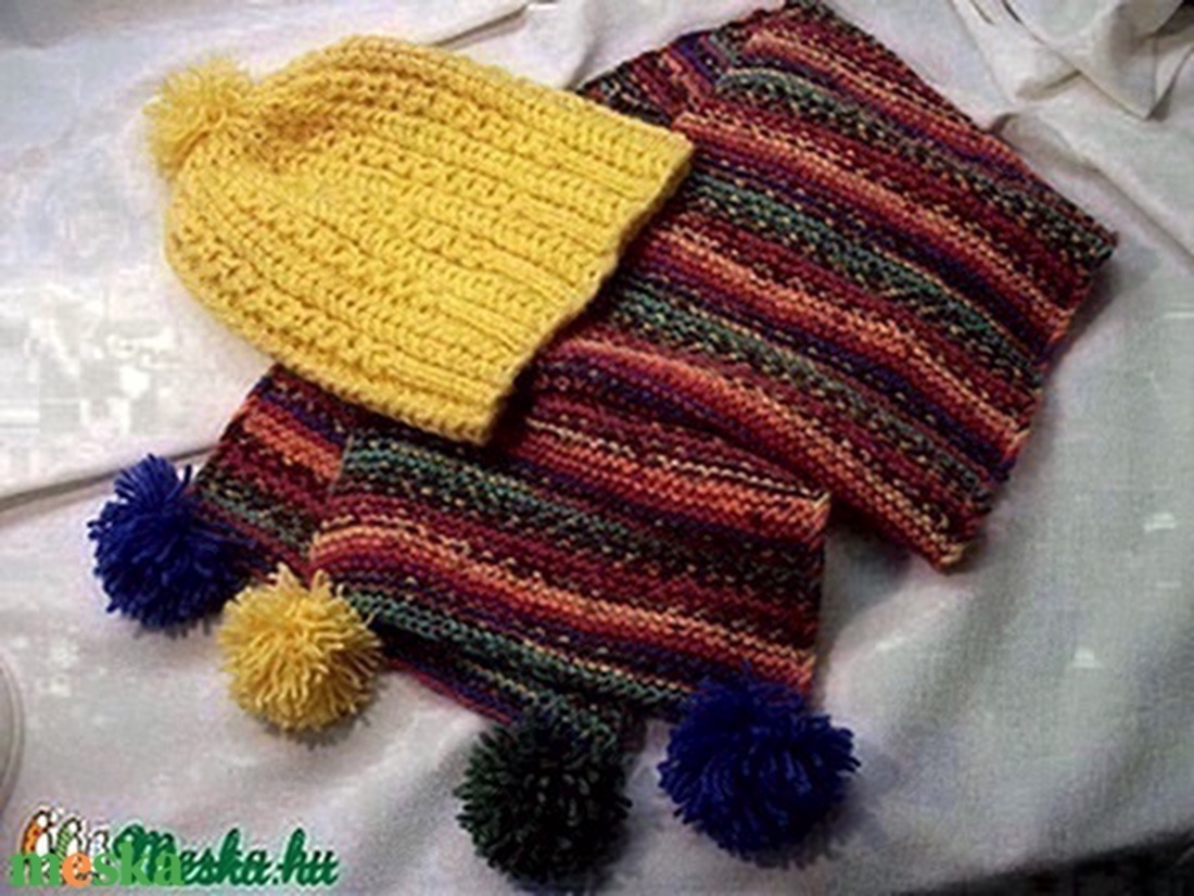 Sárga, kék, meleg sapka sál együttes, garnitúra, sárga zöld királykék - ruha & divat - sál, sapka, kendő - sapka & sál szett - Meska.hu