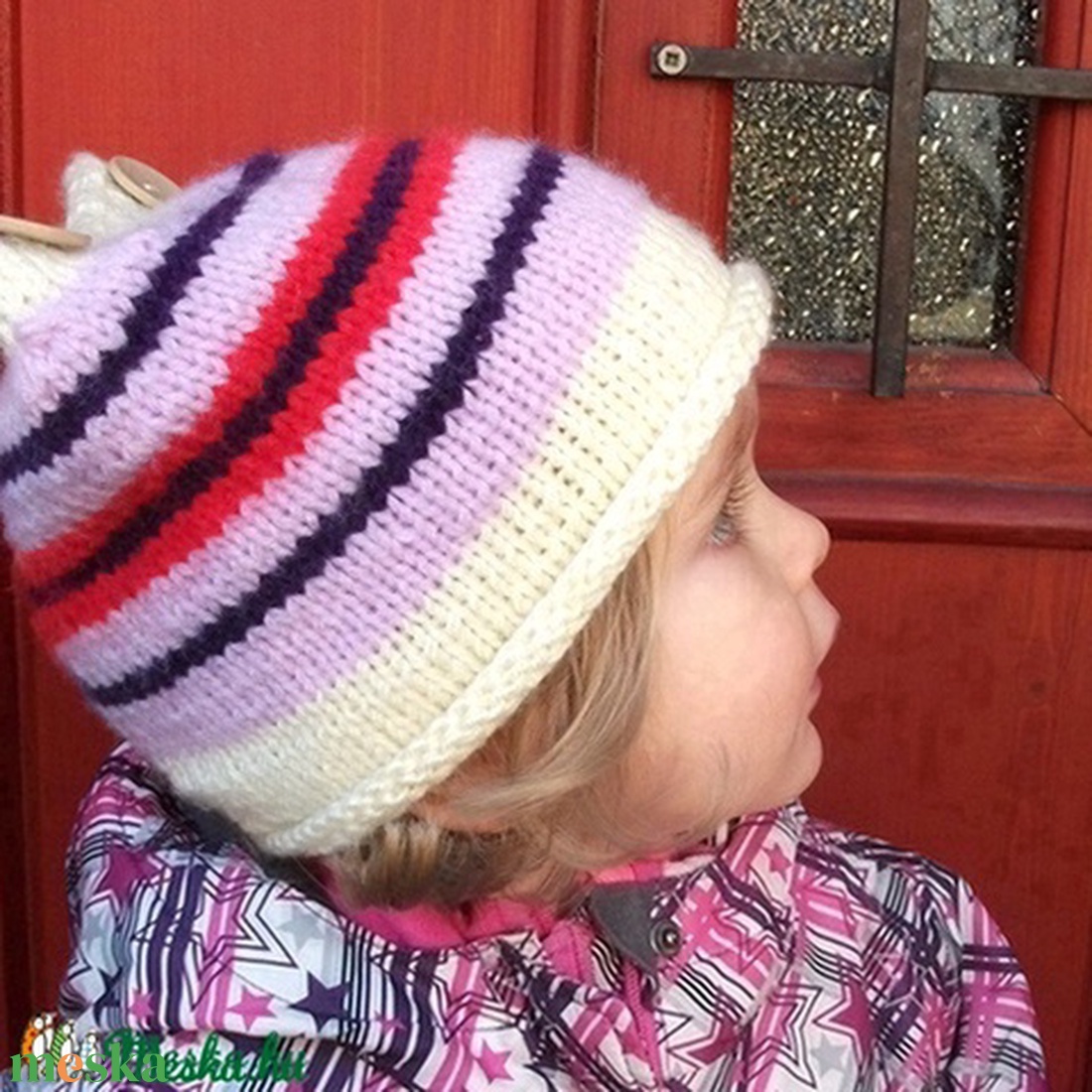 Újszerű, kötött, csíkos, színes, meleg kislány sapka -  - Meska.hu
