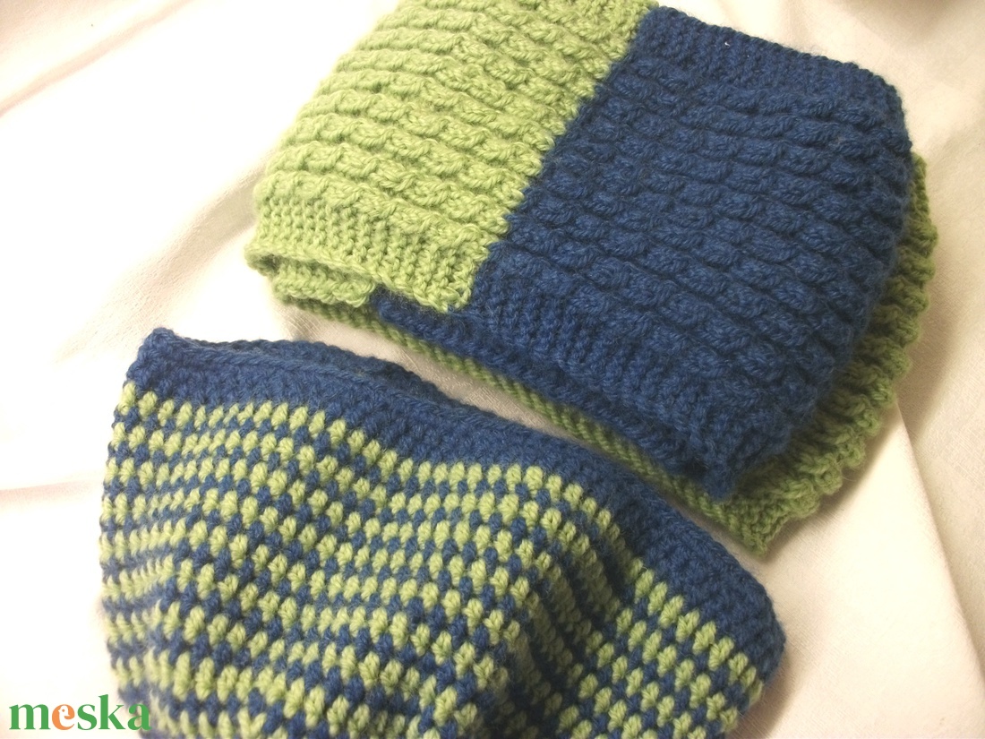 Kék és zöld, gyapjútartalmú fonalból horgolt sapka, kötött sál együttes - ruha & divat - sál, sapka, kendő - sapka & sál szett - Meska.hu