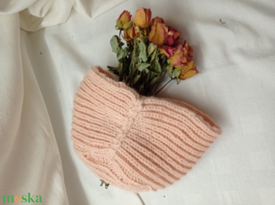 Puder rózsaszín kötött turbán, sapka  - ruha & divat - sál, sapka, kendő - sapka - Meska.hu