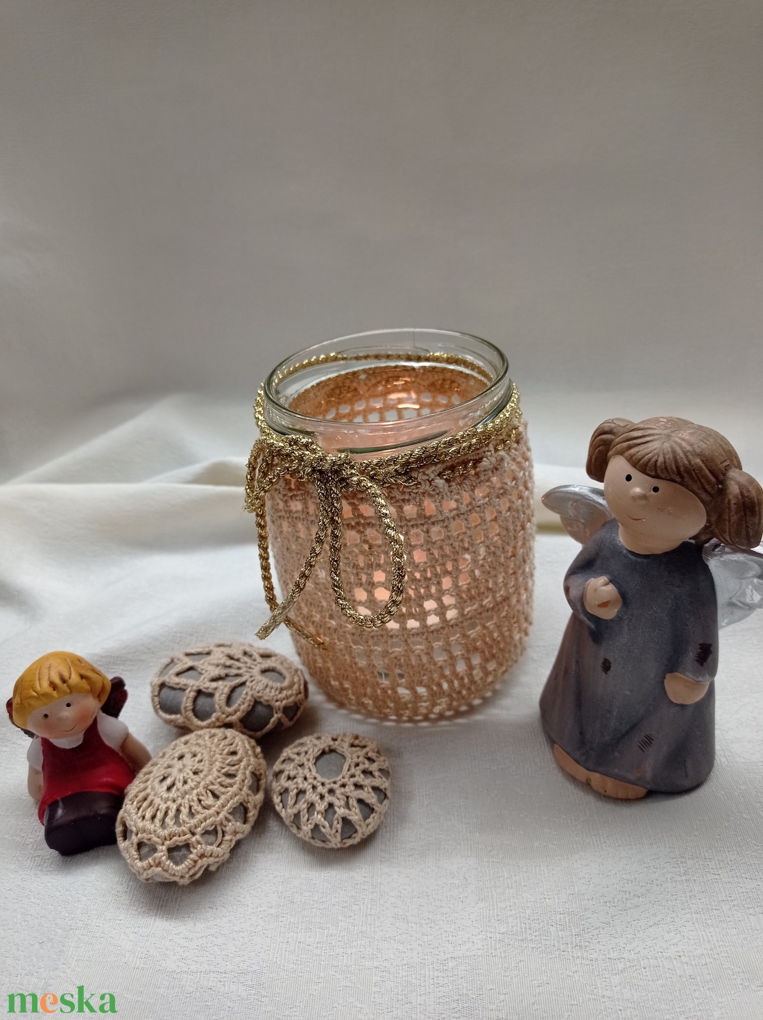 Mécsestartó, tároló, illatosító + kavics horgolt ruhában, csipkés kavics - otthon & életmód - gyertya, illat, aroma - mécses és mécsestartó - Meska.hu