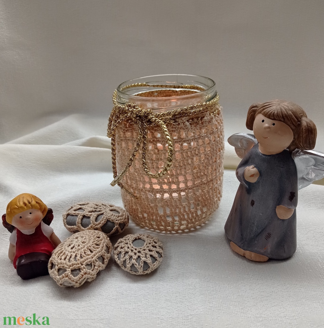 Mécsestartó, tároló, illatosító + kavics horgolt ruhában, csipkés kavics - otthon & életmód - gyertya, illat, aroma - mécses és mécsestartó - Meska.hu