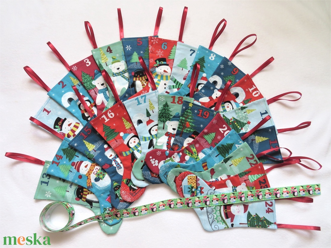 Adventi kalendárium textil zoknikkal - karácsonyi mintás szalaggal - karácsony - adventi díszek - adventi naptár - Meska.hu Adventi kalendárium textil zoknikkal - karácsonyi mintás szalaggal - karácsony - adventi díszek - adventi naptár - Meska.hu