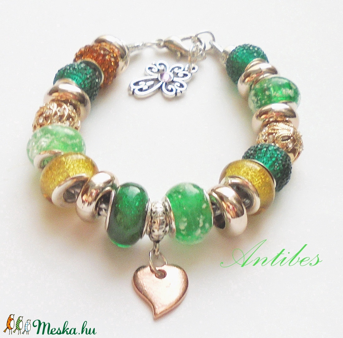 Zöld-arany - karkötő pandora stílusban - ékszer - karkötő - charm karkötő - Meska.hu Zöld-arany - karkötő pandora stílusban - ékszer - karkötő - charm karkötő - Meska.hu