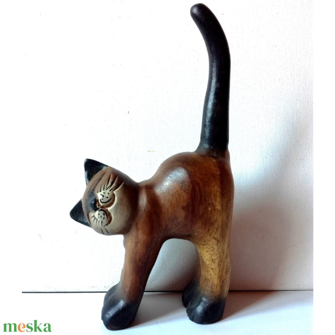 Vintage nyújtózkodó cica, macska, faszobor  - művészet - Meska.hu