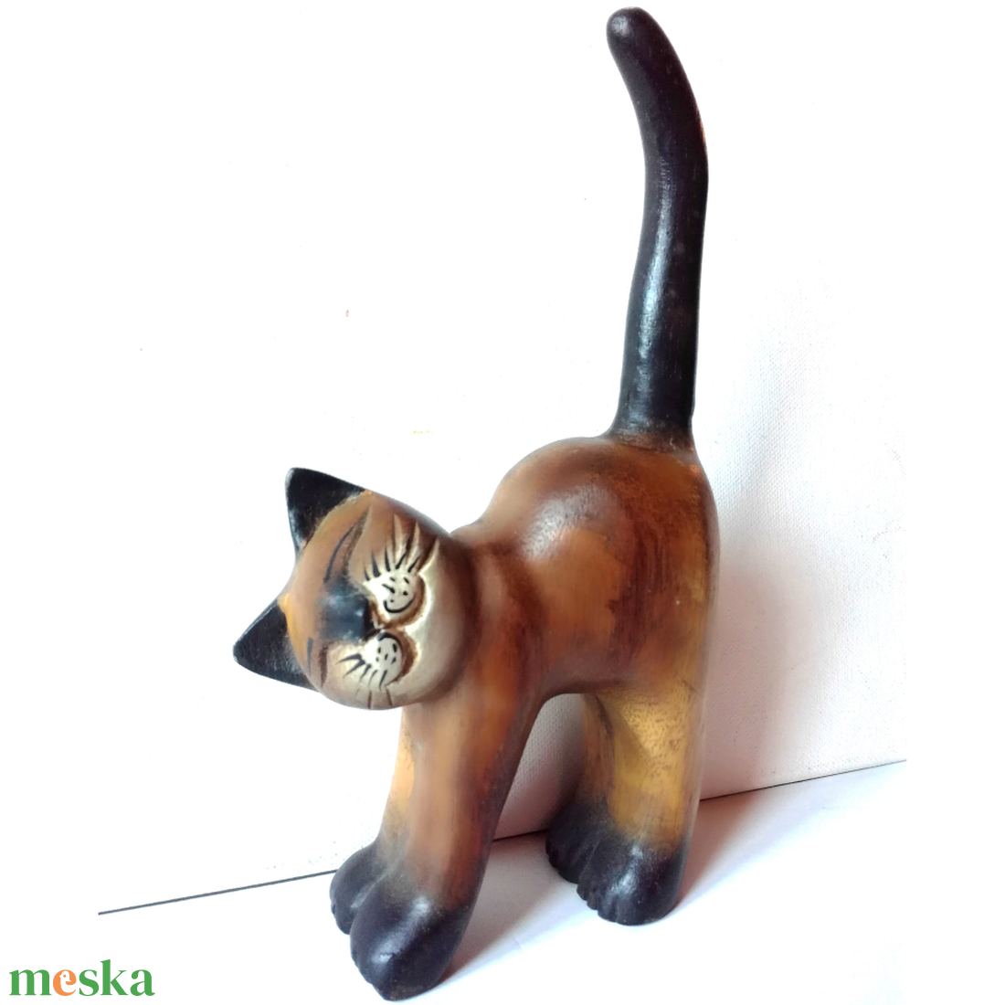 Vintage nyújtózkodó cica, macska, faszobor  - művészet - Meska.hu
