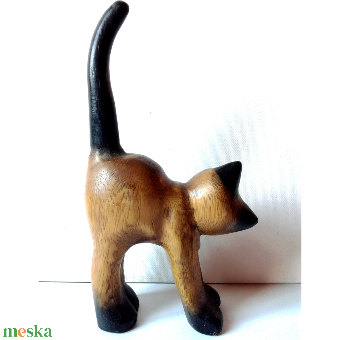 Vintage nyújtózkodó cica, macska, faszobor  - művészet - Meska.hu
