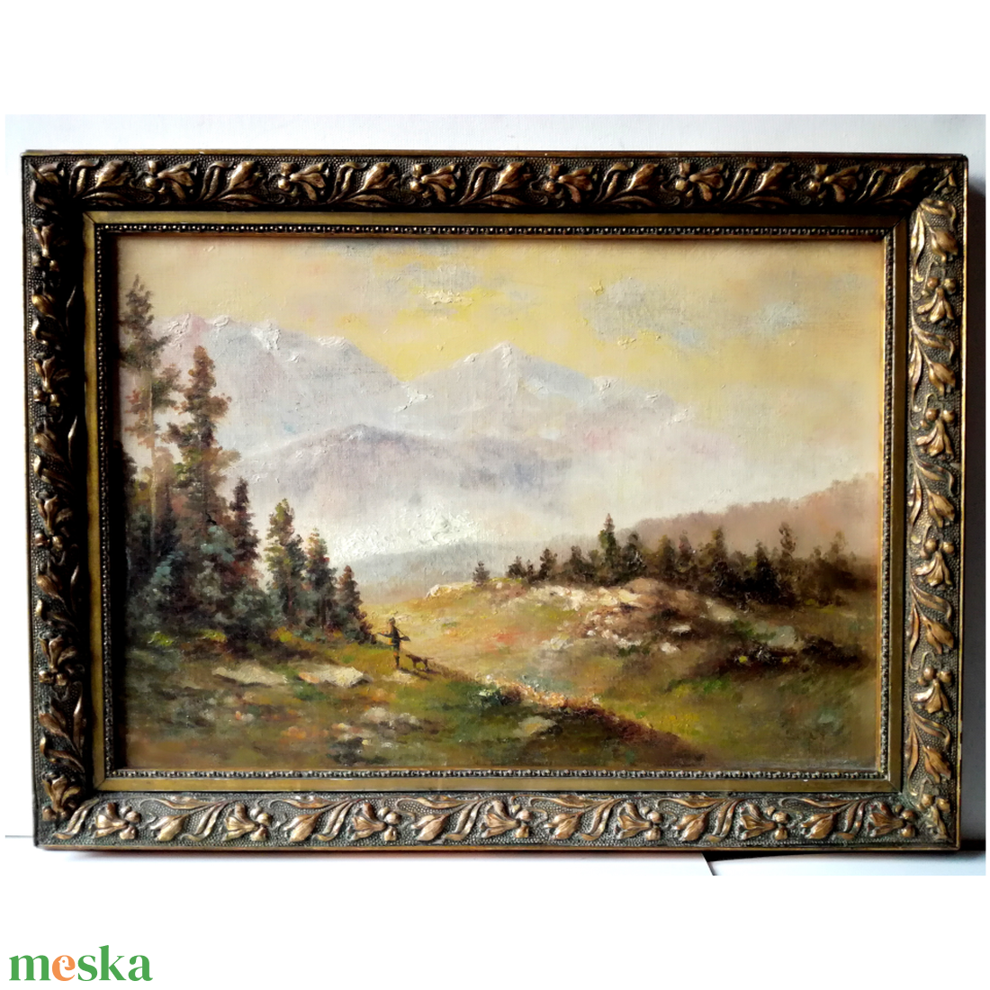 Antik Vadászfestmény, Vadász kutyájával az Alpokban - művészet - festmény - olajfestmény - Meska.hu