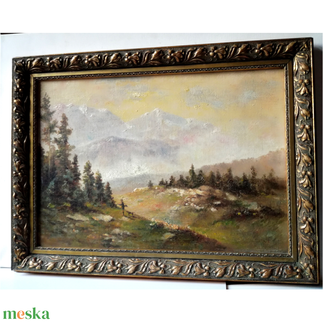 Antik Vadászfestmény, Vadász kutyájával az Alpokban - művészet - festmény - olajfestmény - Meska.hu