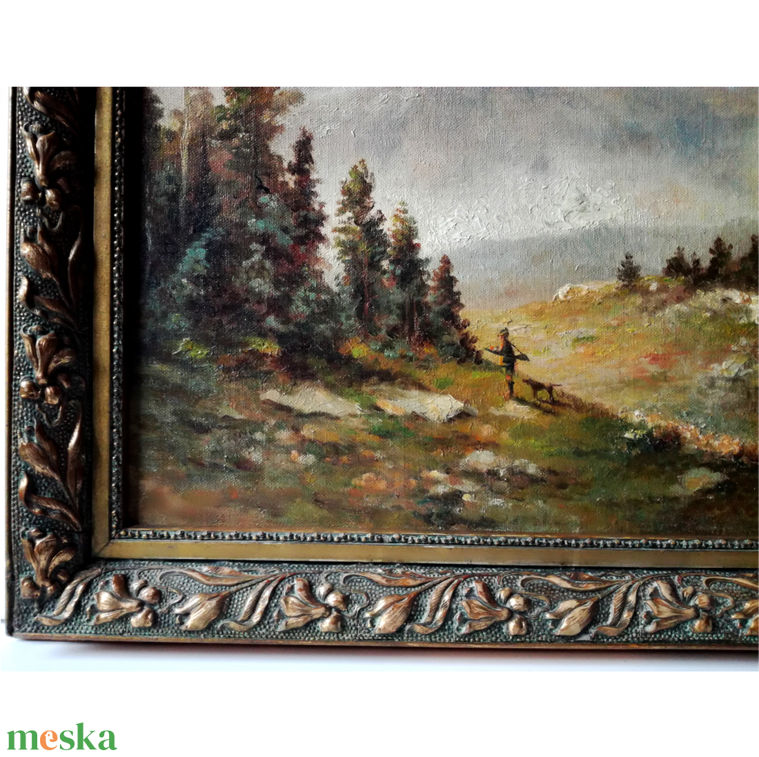 Antik Vadászfestmény, Vadász kutyájával az Alpokban - művészet - festmény - olajfestmény - Meska.hu